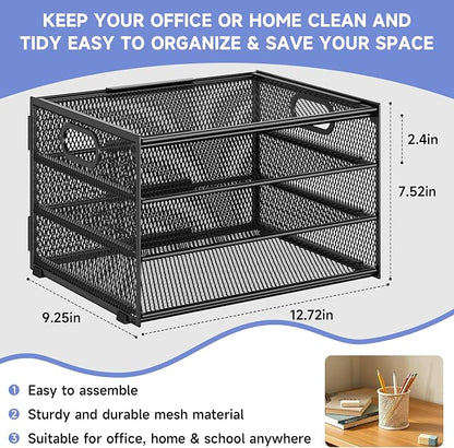 Subekyu Paper Letter Tray Organizer for Desk, Black Metal Mesh Desk File Sorter Organizer with Handle and 2 Sliding Trays for Home Office School Supplies Organization