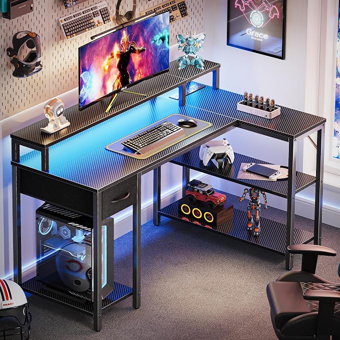 SUPERJARE 47 inch L Shaped Gaming Desk with LED Lights & Power Outlets, Reversible Computer Desk with Shelves & Monitor Stand, Corner Desk with Drawer, for Home & Office, Carbon Fiber Black