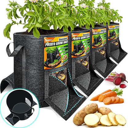 [Upgraded] 4Pcs 15 Gallon Potato Grow Bags with Unique Harvest Window & Visible Window, Non-Woven Planter Pot with Sturdy Handle, Potato Growing Container, Plant Garden Bags to Grow Vegetables, Tomato