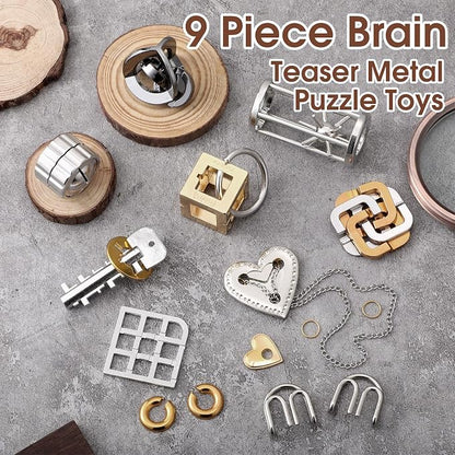 Wettarn 9 Pcs Metal Brain Teaser Puzzles 3D Steel Puzzle Set for Adults IQ Logic Challenge Disentanglement Unlock Interlocking Games Smart Logic Test Toys for Adults Mind Challenge(Novel Style)