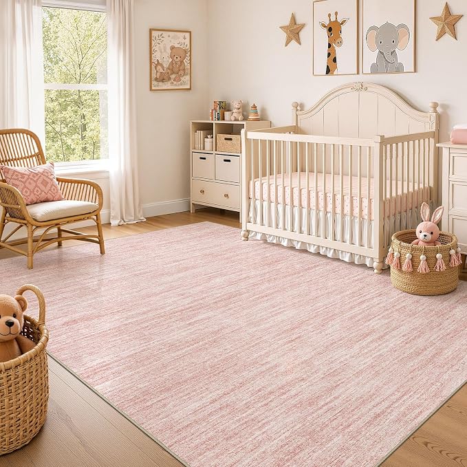 Nakagishi 10X12 Area Rugs Living Room: Washable Large Vintage Rug Neutral Non-Slip Soft Stain Resistant Indoor Carpet for Bedroom Nursery Dining Room Office Playroom - Pink