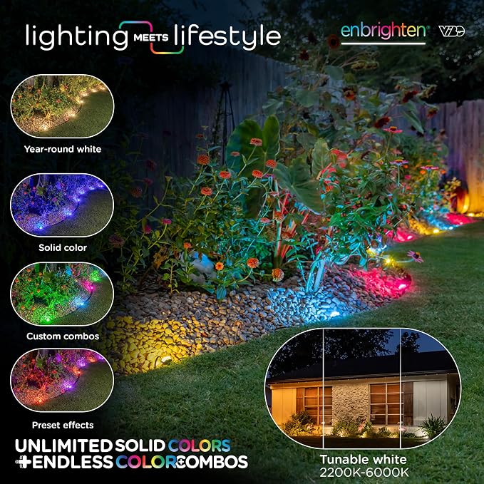 Enbrighten Vibe Eternity Garden Lights, 33ft, 8 RGBWIC LEDs, Waterproof, Uplights, Outdoor Landscape Lighting, Home Exterior Spotlight, Smart App, Works with Alexa, Google Home, 83789