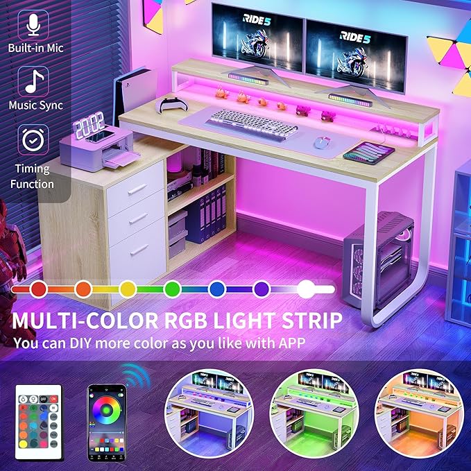 YITAHOME L Shaped Desk with Power Outlets & LED Lights & File Cabinet, 55" Corner Computer Desk with 3 Drawers & 2 Storage Shelves, Home Office Desk with Monitor Stand, Oak & White