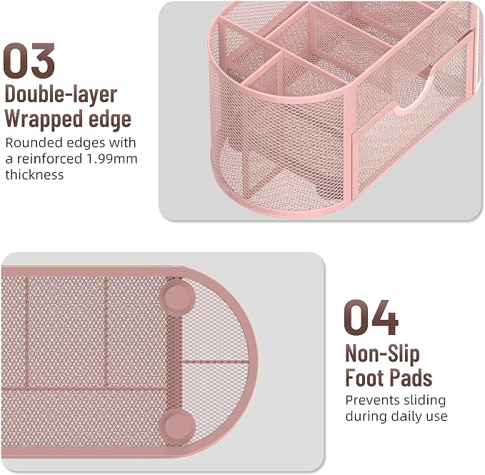 Mesh Desk Organizer with Drawer, 9-Compartment Pen Holder for Desk, Pink | Pull-Out Drawer Stores Pens, Pencils, Clips, Notes, and Small Office or School Supplies in One Compact Desk Caddy
