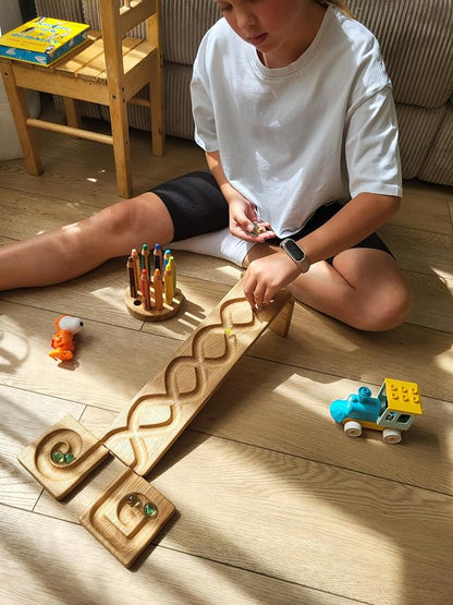 Wooden Marble Run Track – Montessori STEM Toy for Kids – Race Machine & Maze Board – Educational Wooden Roller Track Game – Whirlpool Marble Run Gift for Children