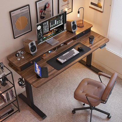 FEZIBO 55 x 24 Inch Height Adjustable Electric Standing Desk with Double Drawer, Stand Up Desk with Storage Shelf, Sit Stand Desk, Blcak Walnut