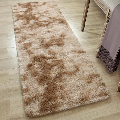 Tepook Fluffy Runner Rugs for Bedroom Aesthetic 2x6 Feet, Shag Soft Bedside Rug with Non-Slip Bottom, Fuzzy Plush Carpet for Room, Hallway Rug for Nursery Dorm Indoor Home Decor, Tie-Dyed Beige