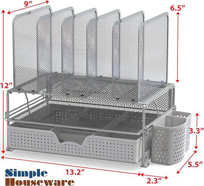 Simple Houseware Desk File Organizer for Office Supplies w/Drawer, Silver | Double Tray, Pencil Holder, and 5 Upright Sections with Sliding Drawer