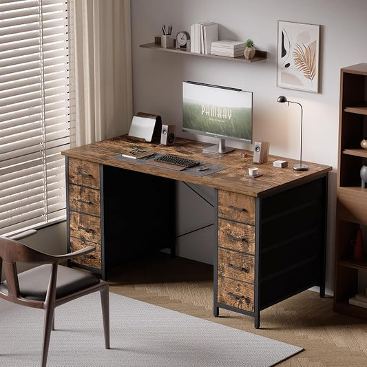Pamray 47 Inch Computer Desk with 8 Fabric Drawers for Home Office Work | Ample Storage, Space-Saving, Suitable for Home Office Bedrooms Dorm Living Rooms for Study, Writing, Work