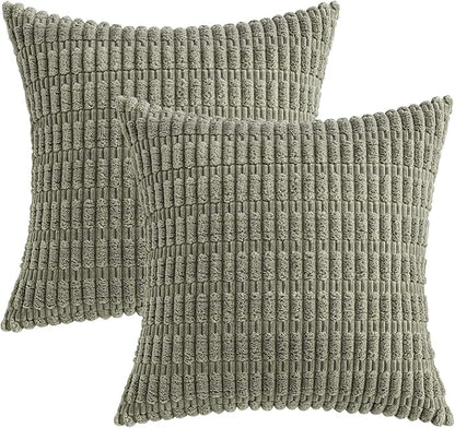 MIULEE Pack of 2 Corduroy Decorative Throw Pillow Covers 20x20 Inch Soft Boho Striped Pillow Covers Modern Farmhouse Home Decor for Summer Sofa Living Room Couch Bed Light Olive Green
