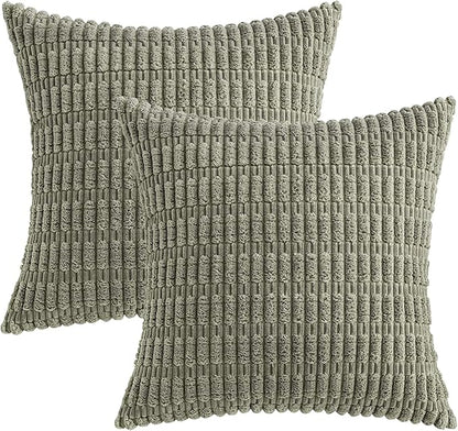MIULEE Pack of 2 Corduroy Decorative Euro Sham Throw Pillow Covers 24x24 Inch Soft Boho Striped Pillow Covers Modern Farmhouse Home Decor for Summer Sofa Living Room Couch Bed Light Olive Green