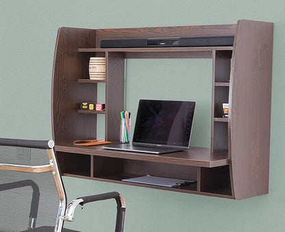 Wall Mount Laptop Office Desk with Shelves, Brown,
