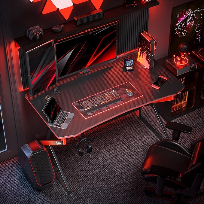 CubiCubi Simple Gaming Desk Z Shaped 40 inch Gamer Workstation, Home Computer Carbon Fiber Surface Gaming Desk PC Table with Headphone Hook