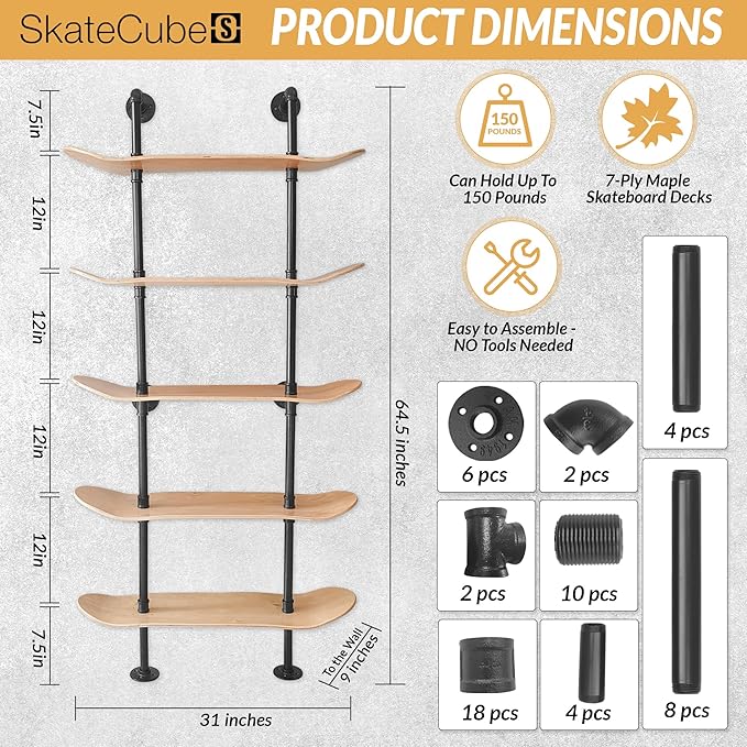 Industrial Shelves - 5 Tier Industrial Decor Pipe Bookcase Using 7 Ply Skateboard Decks - Natural Wood Stain Finish - Bathroom Wall Decor, Living Room Furniture, Book Shelf for Skateboard Enthusiasts