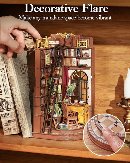 ROBOTIME Book Nook Kit, DIY Miniature House Kit, 3D Wooden Puzzle Bookends,Bookshelf Decor, Simple Assembly Dollhouse Kit, Creative Unique Gifts for Adults/Teens/Beginner (Silent Corner Study)