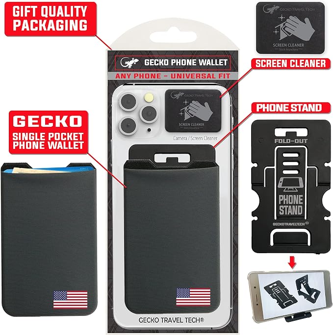 Phone Wallet - Adhesive Card Holder - Cell Phone Pouch - Stick on Lycra Pocket by Gecko - Carry Credit Cards and Cash