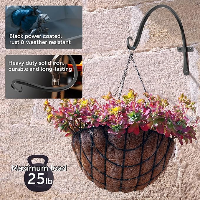 Worth Garden 6-Pack 14" Plant Hanger Bracket - Hand-Forged Wrought Iron Powder-Coated Heavy Duty Wall Hooks - Black Curved Plant Hanging Hooks for Bird Feeders, Flower Baskets, Indoor & Outdoor Use