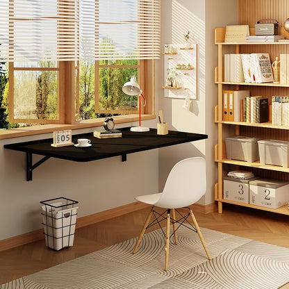 IAE 36x22in Floating Fold Desk,Wall-Mounted Folding Computer Table,Black | Study Table with Shelf Brackets,Foldable Down Shelf with Engineered Wood,Fold Computer Desk for Small Apartment,Holds 501 lb