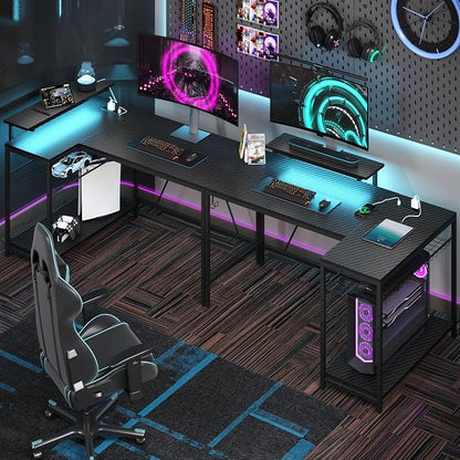 Bestier 52-Inch L-Shaped Gaming Desk with Charging & LED, Black | Charging 3AC+2USB, RGB LED 20 Colors/22 Modes, Reversible Shelves, Carbon Fiber Texture, Headphone Hook, 52 in