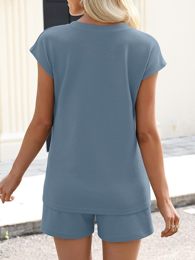 ANRABESS Womens Waffle Knit 2 Piece Short Sets Cap Sleeve Summer 2026 Matching Lounge Outfits Travel Beach Vacation Sweatsuit