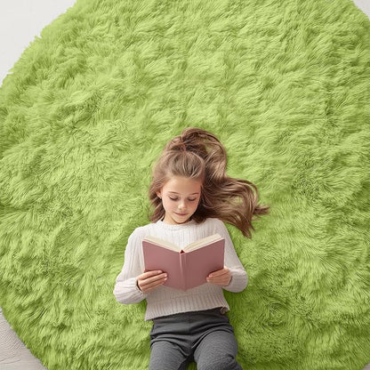 OLANLY Grass Green Round Rugs for Bedroom - Machine Washable, 6 ft Circle Area Rugs for Living Room, Soft and Fluffy Shaggy Carpet for Teen Girls and Boys, Nursery Rooms, Dorms, Home Decor Aesthetic
