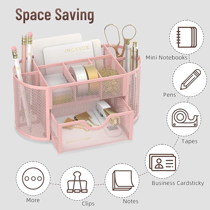 Mesh Desk Organizer with Drawer, 9-Compartment Pen Holder for Desk, Pink | Pull-Out Drawer Stores Pens, Pencils, Clips, Notes, and Small Office or School Supplies in One Compact Desk Caddy