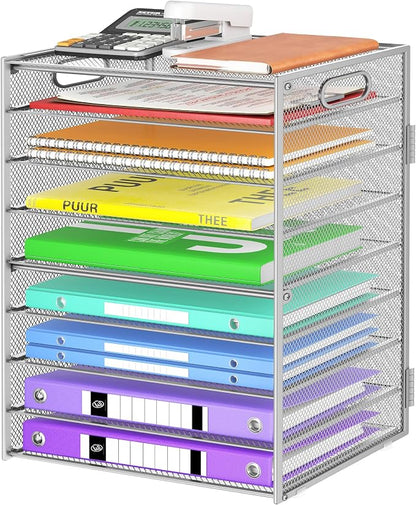 Cawukege 9 Tier Paper Organizer with Handle, Large Capacity Desk Organizer Mesh File Folder Letter Paper Tray Desktop Document Sorter for Classroom, School, and Office Accessories Organization- Silver