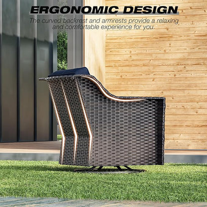 Joyside Wicker Patio Furniture Sets, 10 Pieces Upgraded Large Size Outdoor Furniture with 4 Swivel Rocking Patio Chairs, 3-Seat Sofa, Outdoor Ottoman, Thick Cushions, Wide Armrest, Blue