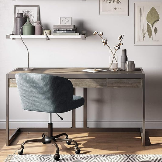 SIMPLIHOME Erina SOLID WOOD and Metal Modern Industrial 60 inch Wide Home Office Desk, Writing Table, Workstation, Study Table Furniture in Distressed Grey with 2 Drawers