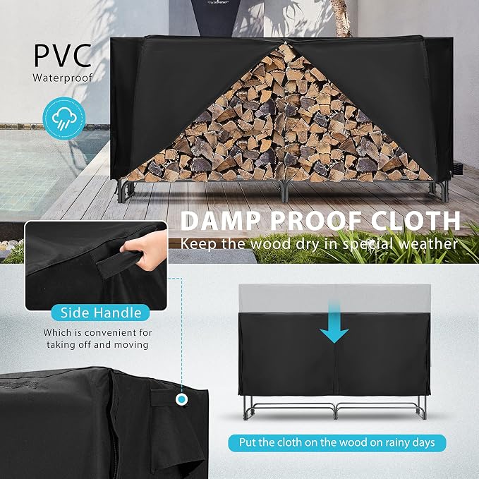 VIVOHOME 8ft Heavy Duty Indoor Outdoor Firewood Storage Log Rack with Cover Combo Set Black
