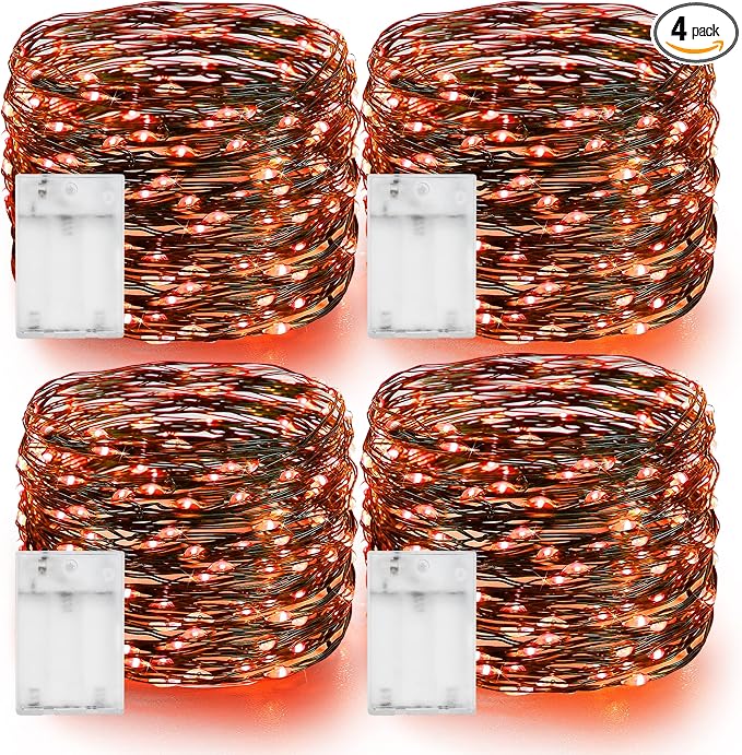Dazzle Bright Orange Halloween Fairy String Lights, 4 Pack Total 80FT 240LED Copper Wire Battery Operated Waterproof Lights, Halloween Decorations for Indoor Home Outdoor Patio Yard Party Decor