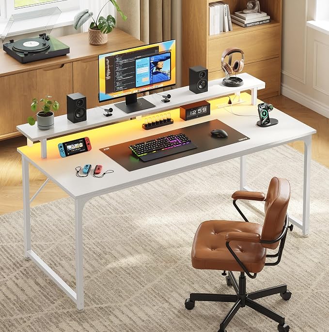 PRAISUN 48 inch Gaming Desk, LED & Power Outlets, Monitor Stand, White | Sturdy PC Desk for Home Office, Study & Work, LED Lights, 4 AC Outlets & USB-C Charging Station