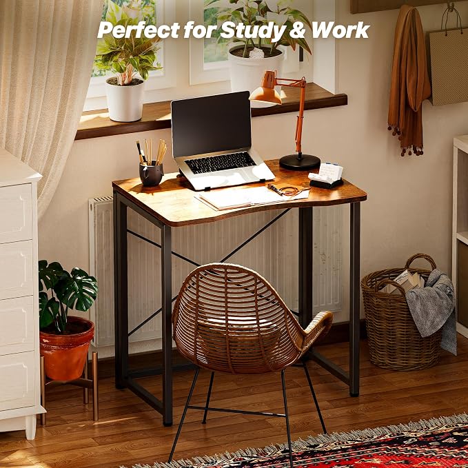 Huuger Folding Desk for Small Spaces, 31.5 Inch Foldable Computer Table, Easy Assembly, for Home Office, Study, Bedroom, Dorm, Space Saving, Small Writing Work Office Computer Desk, Rustic Brown