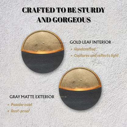 Eclipse Candle Sconces Set of 2, Wall Candle Holders with Gold Interior | Modern Gray Metallic Wall Candlestick Holders with Golden Foil Christmas Decor for Living Room, Bedroom, or Farmhouse Decor