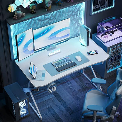 CubiCubi Simple Gaming Desk Z Shaped 40 inch Gamer Workstation, Home Computer Carbon Fiber Surface Gaming Desk PC Table with Headphone Hook, White