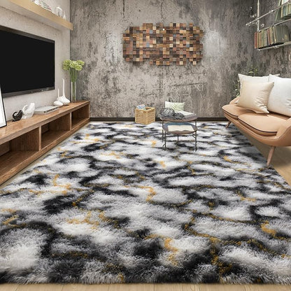 Tepook Soft Fluffy Rugs for Bedroom, 4x6 Area Rug for Living Room, Modern Shaggy Room Rug for Kids Boys Girls, Plush Throw Rugs Indoor Nursery Home Decor Rug with Non-Slip Bottom, White Black Gold