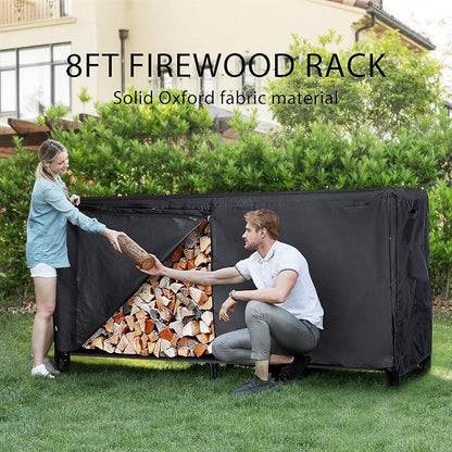 VIVOHOME 8ft Heavy Duty Indoor Outdoor Firewood Storage Log Rack with Cover Combo Set Black