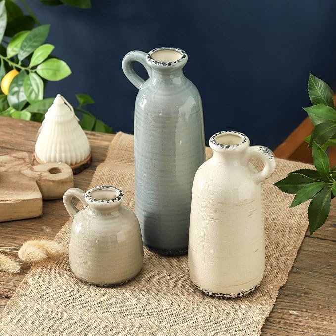 Ceramic Vases Set of 3, Neutral Rustic Farmhouse Vase with Handle, Decorative Flower Vases Home Decor Modern Boho Pampass Vase for Table Mantel Entryway Shelf Living Room Kitchen Bathroom - Ocean