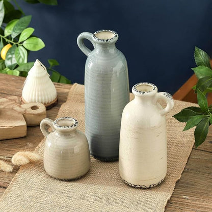 Ceramic Vases Set of 3, Neutral Rustic Farmhouse Vase with Handle, Decorative Flower Vases Home Decor Modern Boho Pampass Vase for Table Mantel Entryway Shelf Living Room Kitchen Bathroom - Ocean