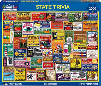 White Mountain 1000 Piece Jigsaw Puzzle Funny States Collage Puzzles with Large Pieces Gift for Adults and Family 24"x30" - State Trivia