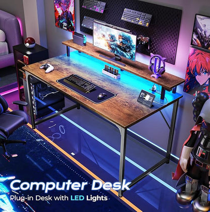 PRAISUN 40 inch Gaming Desk, LED & Outlets, Monitor Stand, Rustic Brown | Sturdy PC Desk for Home Office, Study & Work, LED Lights, 4 AC Outlets & USB-C Charging Station