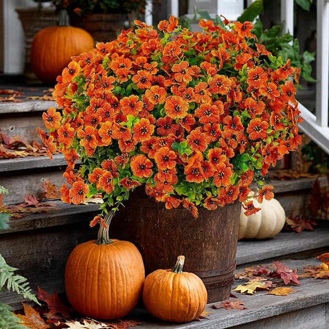 Artificial Fall Flowers Outdoor Fake Mums - 16 Bundles Fake Plants UV Resistant No Fade Faux Plastic Greenery Garden Porch Patio Fall Home Decor (Red Orange16)