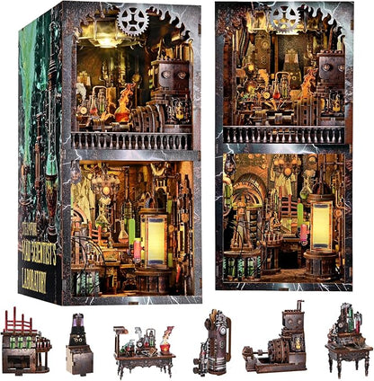 fifijoy Book Nook Kit - DIY Miniature House Dollhouse Kit for Adults and Teens, Steampunk Booknook Tiny House Bookshelf Decor 3D Wooden Puzzle (Mad Scientist Lab)