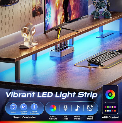 PRAISUN 55 inch Gaming Desk, LED & Outlets, Monitor Stand, Rustic Brown | Sturdy PC Desk for Home Office, Study & Work, LED Lights, 4 AC Outlets & USB-C Charging Station
