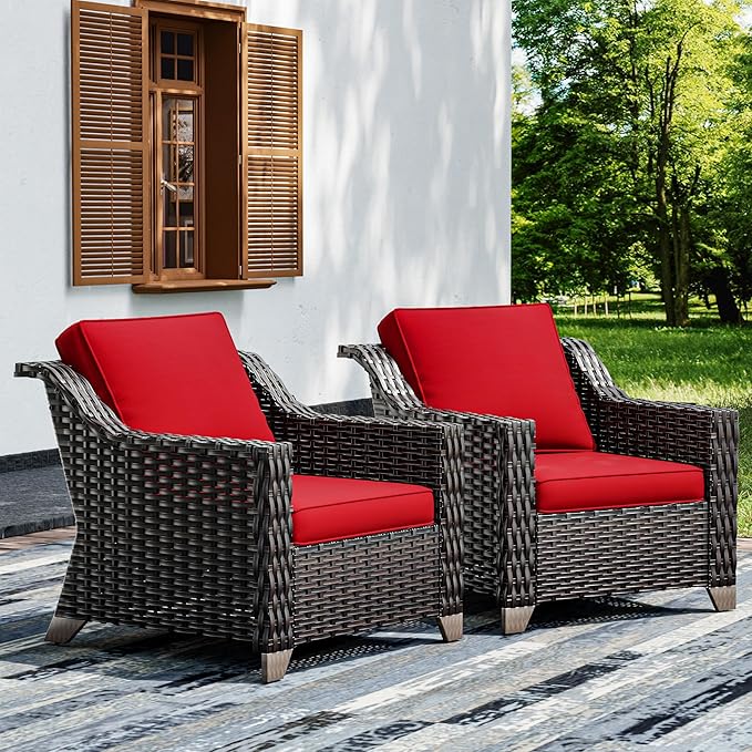 Joyside Wicker Patio Chairs Set of 2, Outdoor Rattan Furniture with Wide Armrest and Thick Cushions, Upgraded Large Size for Backyard, Garden, Poolside