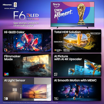 Hisense 65" E6 Cinema Series Hi-QLED 4K UHD Smart Fire TV (65E6QF) -AI Light Sensor, Dolby Vision · Atmos, Voice Remote with Alexa, Motion Rate 120, HDR 10+ Adaptive, Game Mode Plus
