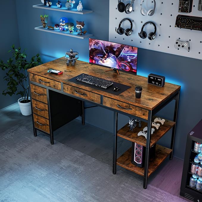 Sweetcrispy 55" Computer Desk with 6 Fabric Drawers & Storage Shelves | Reversible Gaming Desk, Office Desk, Computer Workstation, Corner Desk with Storag, Home Office, Living Room, Rustic Brown