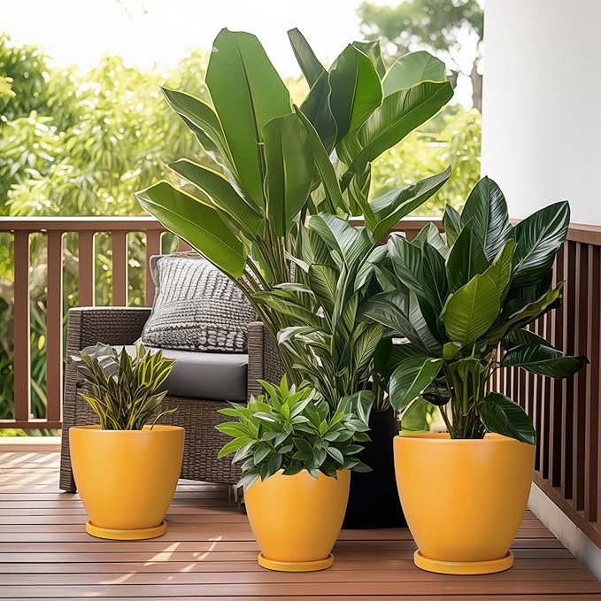 10 Inch Plant Pot - Ceramic Planter with Drainage Hole and Saucer, Modern Flower Pot, Round Planters for Indoor Plants, Home Patio Bathroom Porch Garden Living Room Decor, Orange