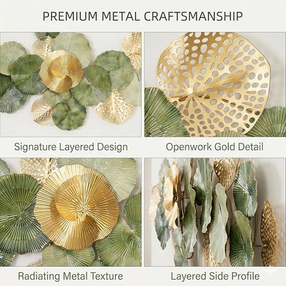 Axioglo 67" Large Wall Decor 3D Lotus Leaf Metal Wall Art for Living Room | 67" x31" metal wall decor with layered metal texture, mounting hardware, two-way display