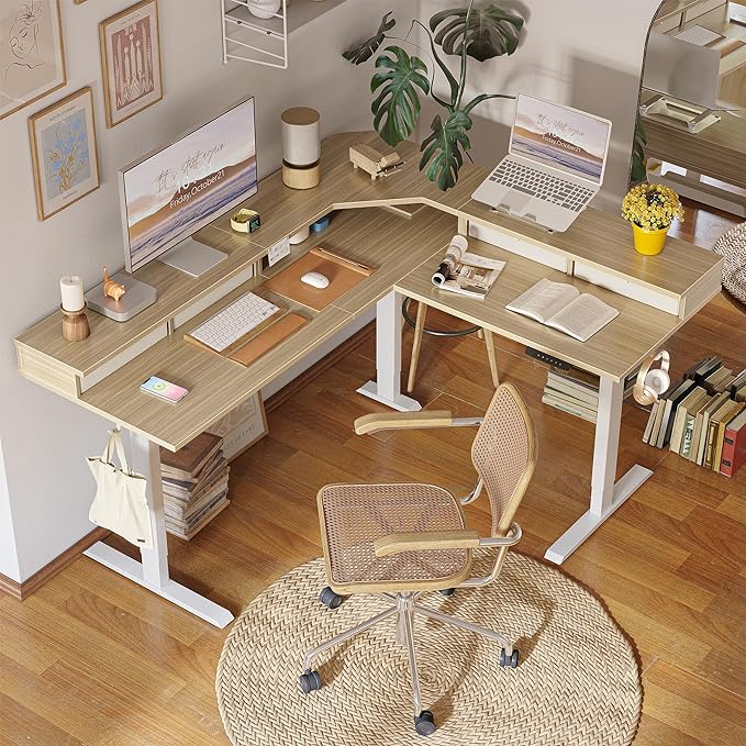 FEZIBO 63" L Shaped Standing Desk with 4 Drawers, Electric Standing Gaming Desk Adjustable Height, Corner Stand up Desk with Splice Board, White Frame/Light Walnut Top